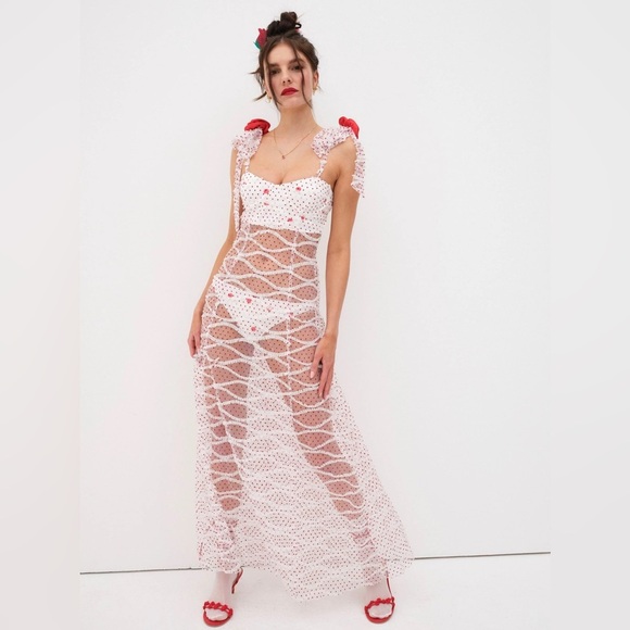 NWT For Love & Lemons Giada Sheer Polka Dot Maxi Dress - Matching Panty Size XXS - Picture 1 of 12